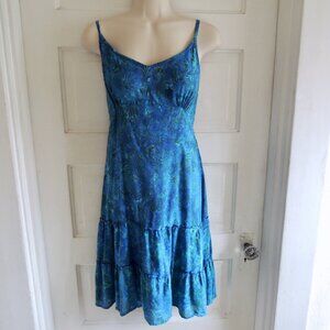 Maggie B. Blue & Green Tropical Print Smocked Sun Dress M